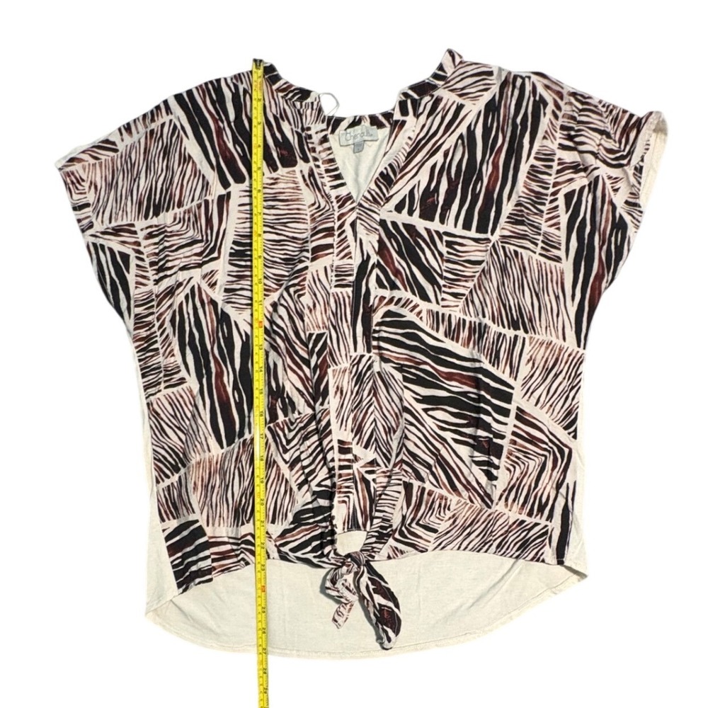 Chenault Womens Abstract Animal Print Tie Front V-Neck Top Brown Cream Large - Picture 7 of 7
